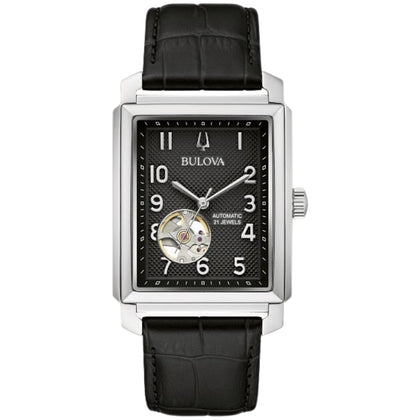 Bulova Sutton Automatisk 96A269 analog herrklocka med svart urtavla och armband i läder