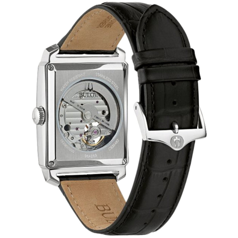 Bulova Sutton Automatisk 96A269 analog herrklocka med svart urtavla och armband i läder
