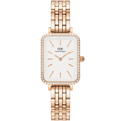 Daniel Wellington Quadro Lumine Bezel 5-Link Melrose DW00100672 analog damklocka med vit urtavla och armband i rostfritt stål