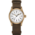 Hamilton Khaki Field Mechanical Bronze H69459510 analog herrklocka med vit urtavla och armband i läder