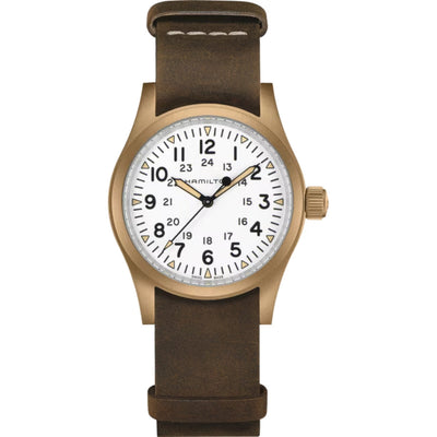 Hamilton Khaki Field Mechanical Bronze H69459510 analog herrklocka med vit urtavla och armband i läder