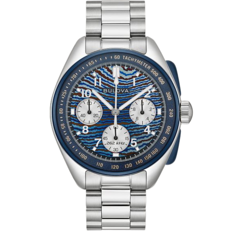 Bulova Lunar Pilot Timascus 98A329 analog herrklocka med blå urtavla och armband i rostfritt stål