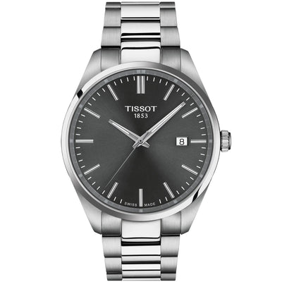 Tissot PR 100 T150.410.11.081.00 analog herrklocka med grå urtavla och armband i rostfritt stål