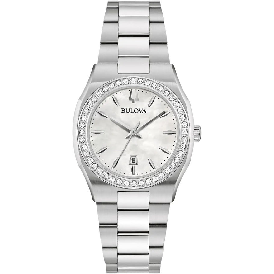 Bulova Surveyor Diamond 96R245 analog damklocka med silver urtavla och armband i rostfritt stål