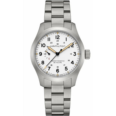 Hamilton Field Mechanical Power Reserve H69509110 analog herrklocka med vit urtavla och armband i rostfritt stål