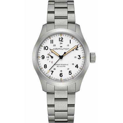 Hamilton Field Mechanical Power Reserve H69509110 analog herrklocka med vit urtavla och armband i rostfritt stål