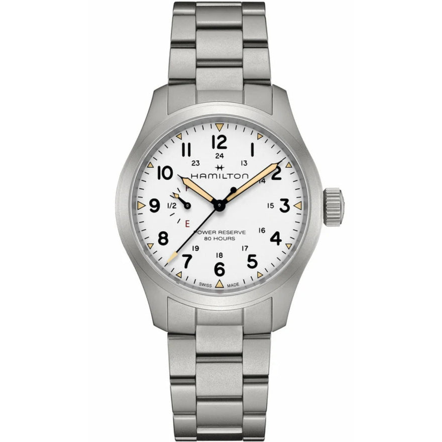 Hamilton Field Mechanical Power Reserve H69509110 analog herrklocka med vit urtavla och armband i rostfritt stål