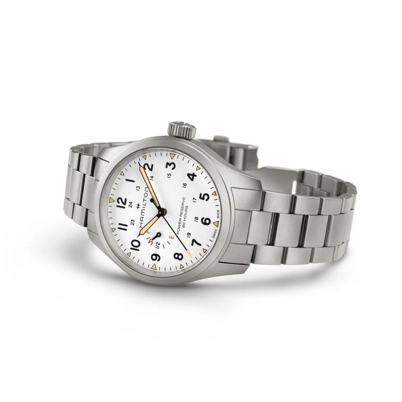 Hamilton Field Mechanical Power Reserve H69509110 analog herrklocka med vit urtavla och armband i rostfritt stål