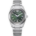 Citizen Super Titanium Eco-Drive FE6151-82X analog damklocka med grön urtavla och armband i titan
