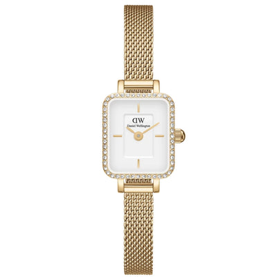 Daniel Wellington Quadro Mini Lumine Bezel Gold analog damklocka med vit urtavla och armband i rostfritt stål