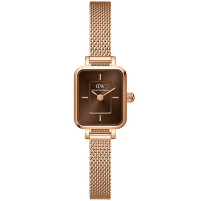 Daniel Wellington Quadro Mini Melrose Rose Gold Amber analog damklocka med brun urtavla och armband i rostfritt stål