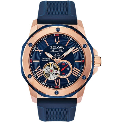 Bulova Marine Star 98A227 analog herrklocka med blå urtavla och armband i silikon