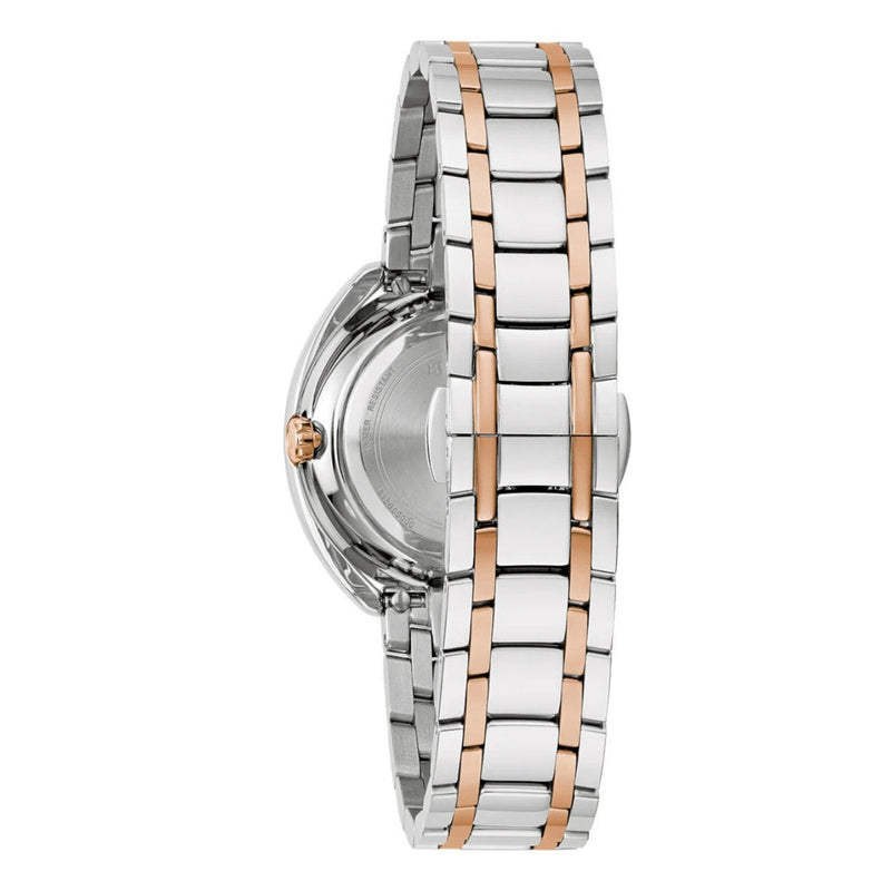Bulova Classic Duality Diamond 98P219 analog damklocka med silver urtavla och armband i rostfritt stål