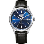 Citizen C7 automatisk NH8390-20LE analog herrklocka med blå urtavla och armband i läder
