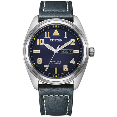 Citizen Eco Drive BM8560-45LE analog herrklocka med blå urtavla och armband i läder