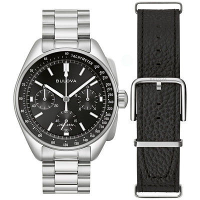 Bulova Lunar Pilot 96K111 analog herrklocka med svart urtavla och armband i rostfritt stål