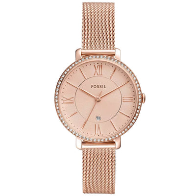 Fossil Jacqueline ES4628 analog damklocka med roséguld urtavla och armband i rostfritt stål