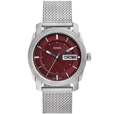Fossil Machine FS6014 analog herrklocka med rött urtavla och armband i rostfritt stål