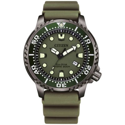 Citizen Promaster Eco-Drive BN0157-11X analog herrklocka med grön urtavla och armband i gummi