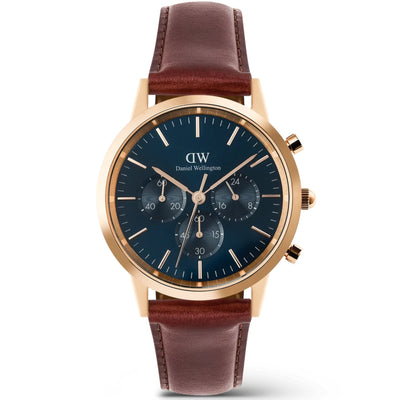 Daniel Wellington Iconic Chronograph St Mawes Arctic Rg analog herrklocka med blå urtavla och armband i läder