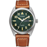 Citizen Super Titanium BM8560-11XE analog herrklocka med grön urtavla och armband i läder
