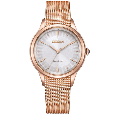 Citizen EM1153-88A analog damklocka med vit urtavla och armband i rostfritt stål