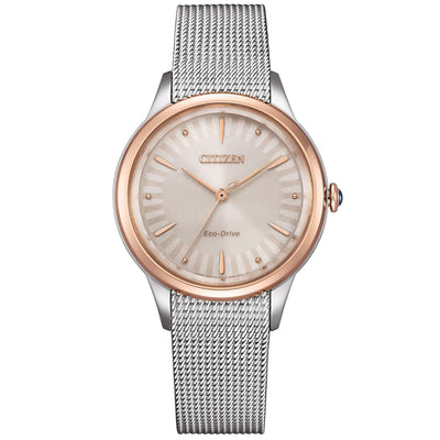Citizen Eco Drive EM1156-80X analog damklocka med beige urtavla och armband i rostfritt stål