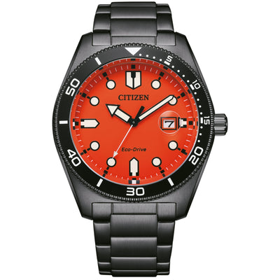Citizen Eco Drive AW1765-88X analog herrklocka med orange urtavla och armband i rostfritt stål