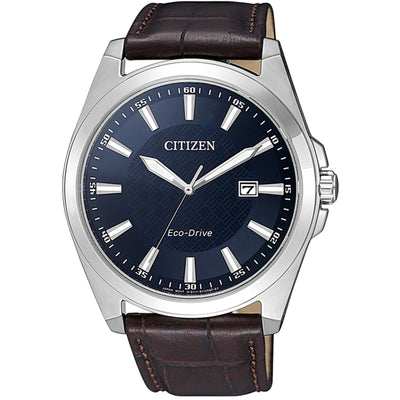 Citizen Eco Drive BM7108-22L analog herrklocka med blå urtavla och armband i läder