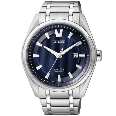 Citizen Super Titanium AW1240-57L analog herrklocka med blå urtavla och armband i rostfritt stål