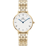 Daniel Wellington Petite Roman Numerals 5-Link DW00100682 analog damklocka med vit urtavla och armband i rostfritt stål