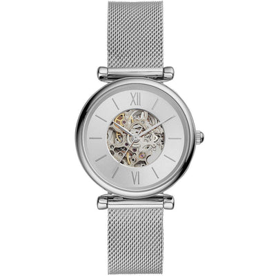Fossil Automatiskt urverk ME3176 analog damklocka med silver urtavla och armband i rostfritt stål