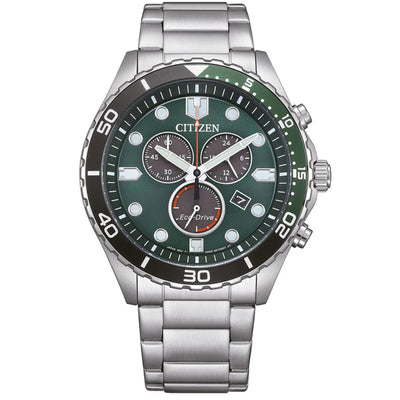 Citizen Eco-Drive Aqua AT2561-81X analog herrklocka med grön urtavla och armband i rostfritt stål