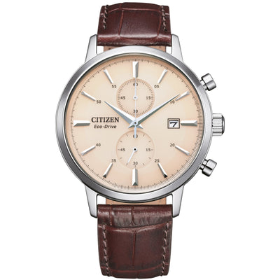 Citizen Chrono CA7061-26X analog herrklocka med beige urtavla och armband i läder
