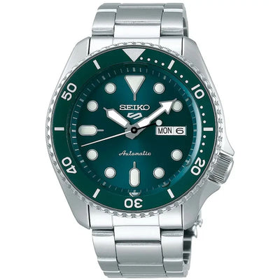 Seiko 5 Sports Automatic SRPD61K1 analog herrklocka med grön urtavla och armband i rostfritt stål