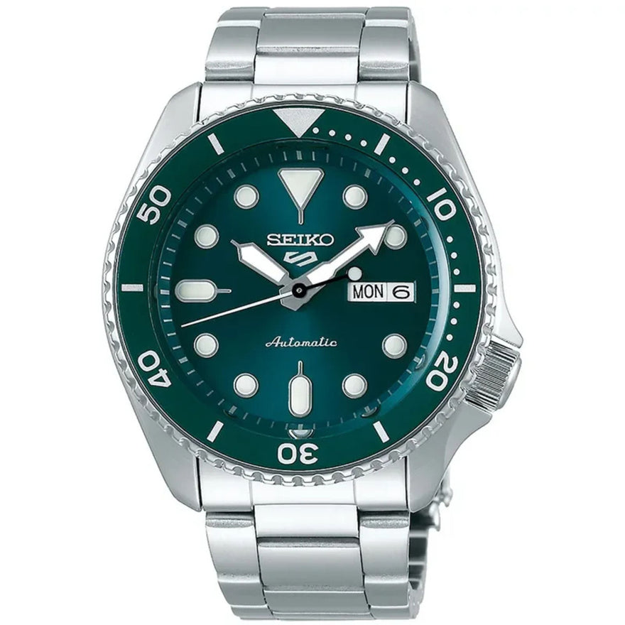 Seiko 5 Sports Automatic SRPD61K1 analog herrklocka med grön urtavla och armband i rostfritt stål