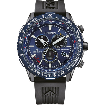 Citizen Eco Drive Radio Controlled CB5006-02L analog herrklocka med blå urtavla och armband i silikon