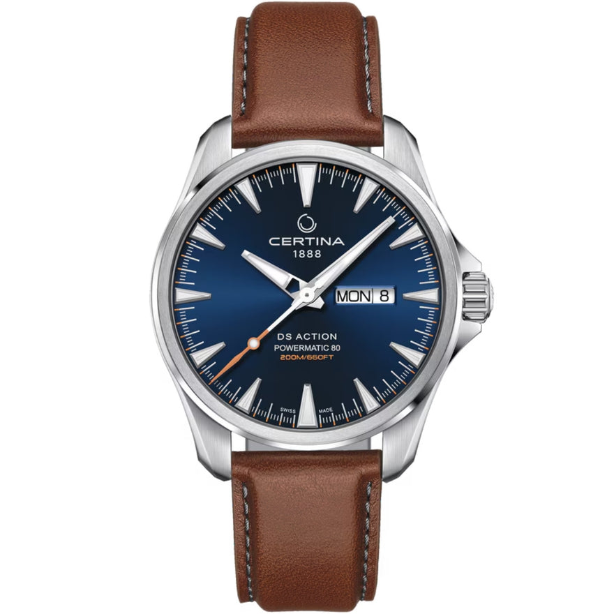 Certina DS Action Day Date Powermatic 80 C032.430.16.041.00 analog herrklocka med blå urtavla och armband i läder