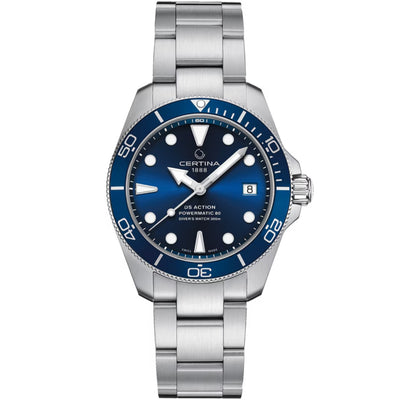 Certina DS Action Diver Powermatic 80 C032.807.11.041.00 analog herrklocka med blå urtavla och armband i rostfritt stål