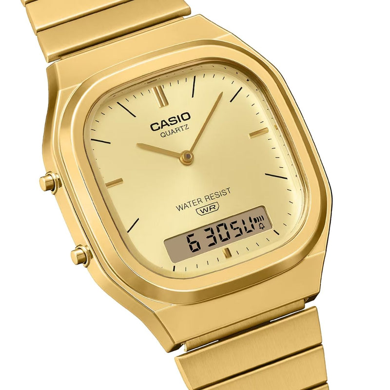 Casio Vintage AQ-240EG-9AEF analog unisexklocka med guld urtavla och armband i rostfritt stål