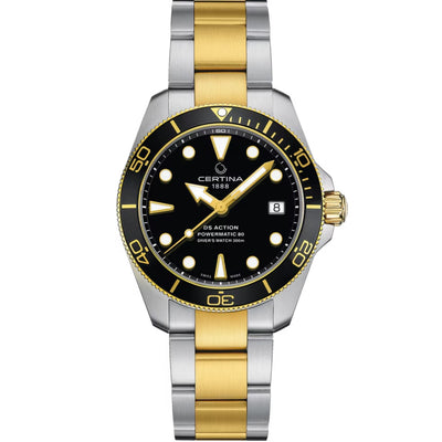 Certina DS Action Diver Powermatic 80 C032.807.22.051.00 analog unisexklocka med svart urtavla och armband i rostfritt stål