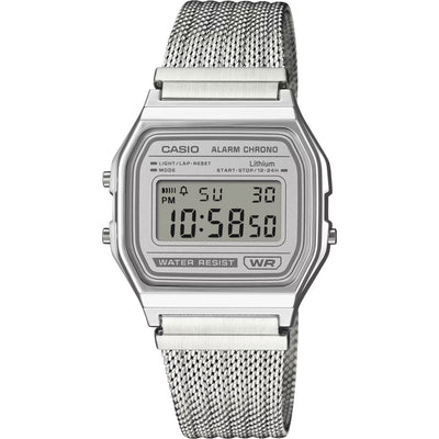 Casio Vintage A158WEM-7EF digital unisexklocka med silver urtavla och armband i rostfritt stål