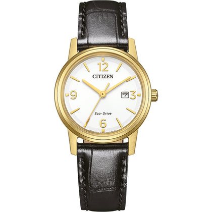 Citizen Eco-Drive EW2722-01A analog damklocka med vit urtavla och armband i läder