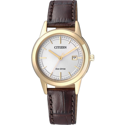 Citizen Eco-Drive FE1083-02A analog damklocka med silver urtavla och armband i läder