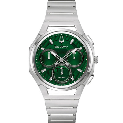 Bulova Curv 96A338 analog herrklocka med grön urtavla och armband i rostfritt stål