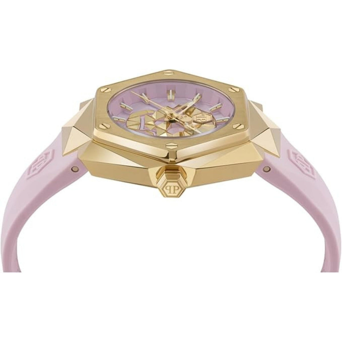 Philipp Plein The Skull PWADA0124 analog damklocka med rosa urtavla och armband i gummi