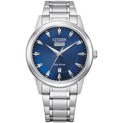 Citizen Classic AW0100-86LE analog herrklocka med blå urtavla och armband i rostfritt stål