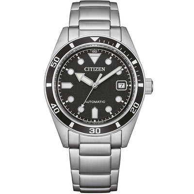 Citizen Automatic NJ0221-50E analog herrklocka med svart urtavla och armband i rostfritt stål