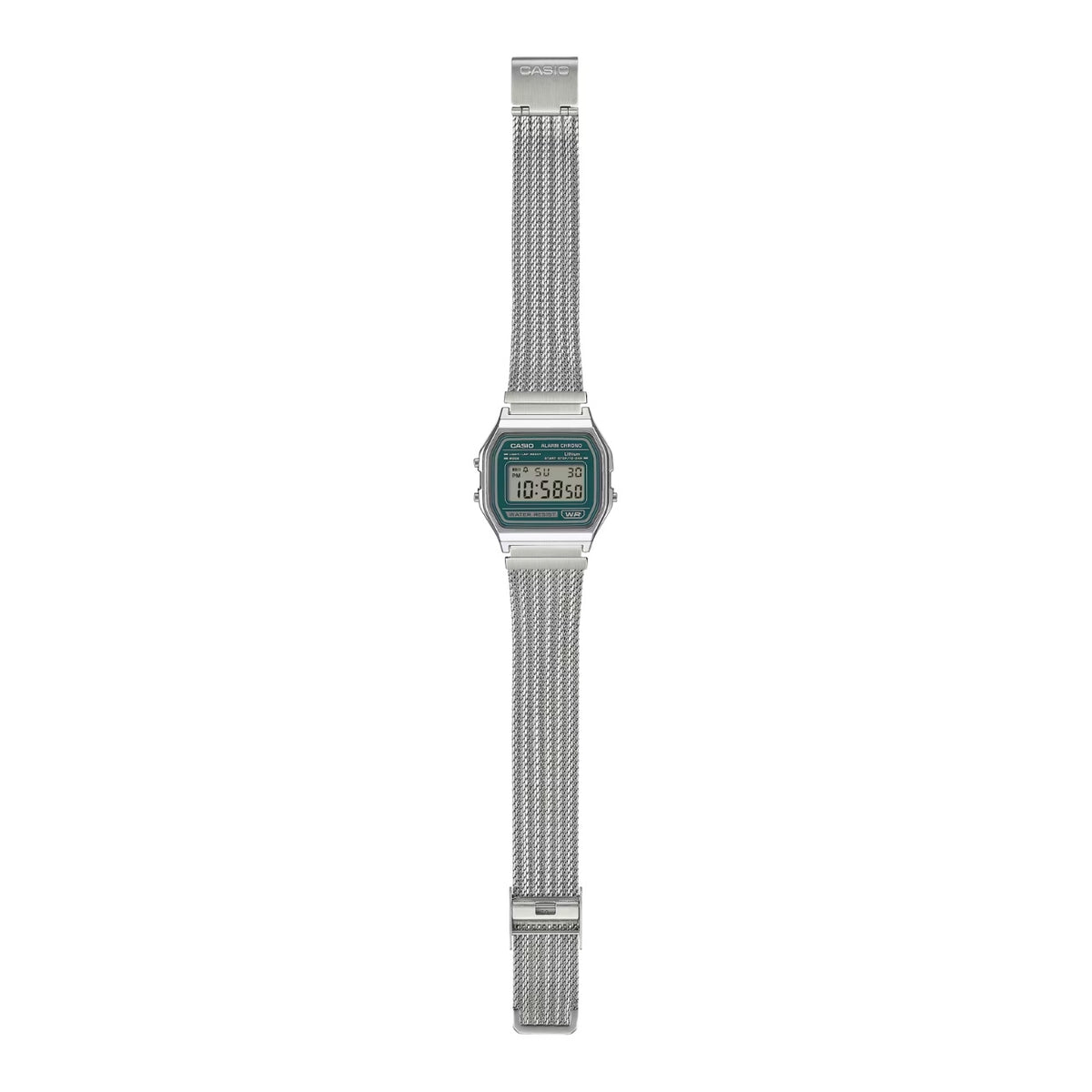 Casio Vintage A158WEM-3EF digital unisexklocka med grön urtavla och armband i rostfritt stål