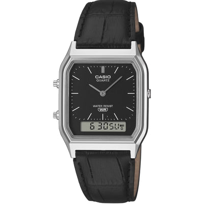 Casio Vintage AQ-230EL-1AEF analog herrklocka med svart urtavla och armband i läder